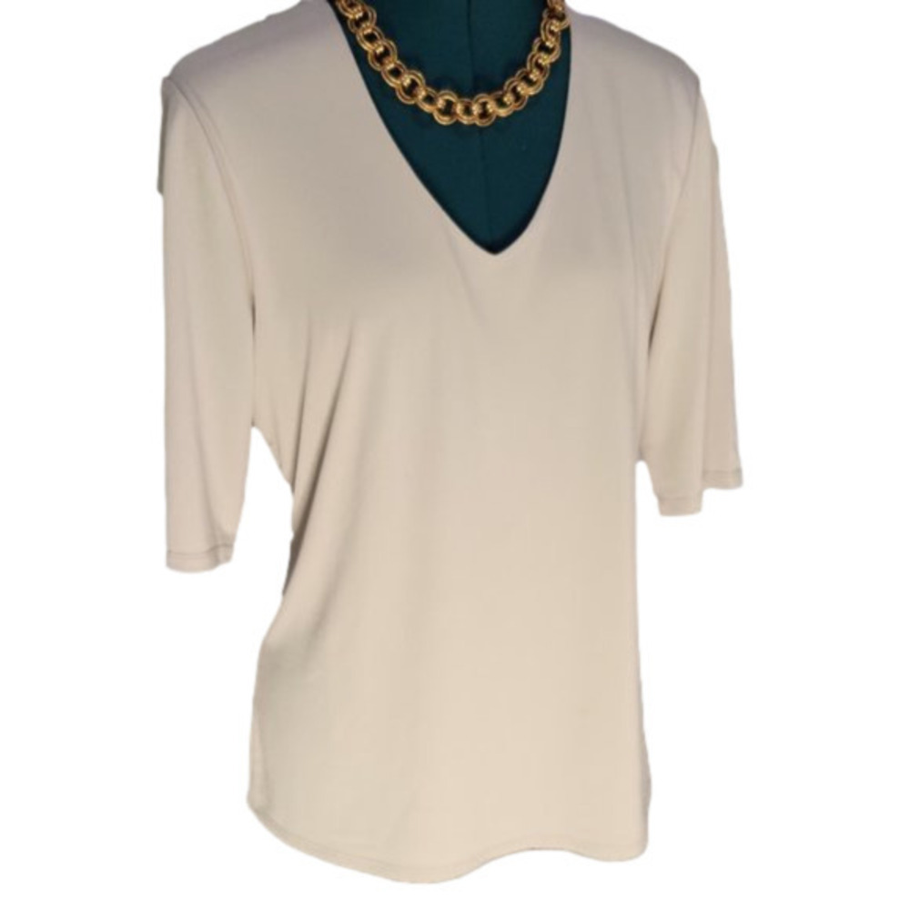 P130. Grace V-neck Short-Sleeve Light Taupe Top |L